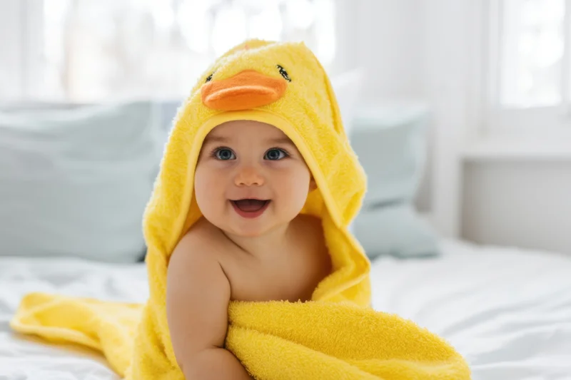 Cheerful baby wrapped in yellow duck hooded towel sitting on white bed