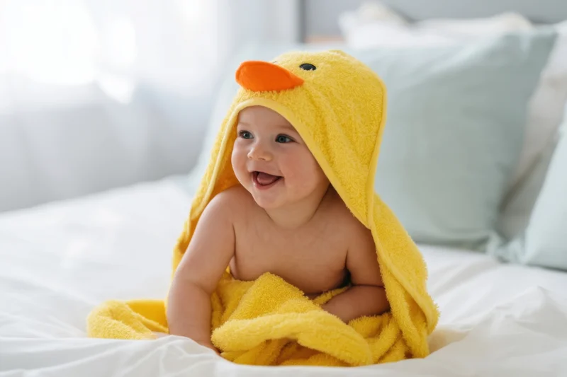 Cheerful baby sitting on white bed wrapped in yellow duck hooded towel