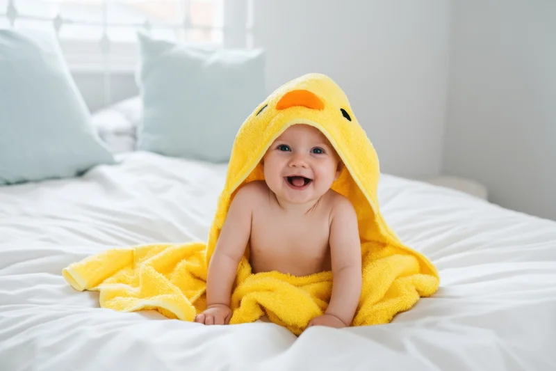 Smiling baby sitting on white bed wrapped in yellow duck hooded towel