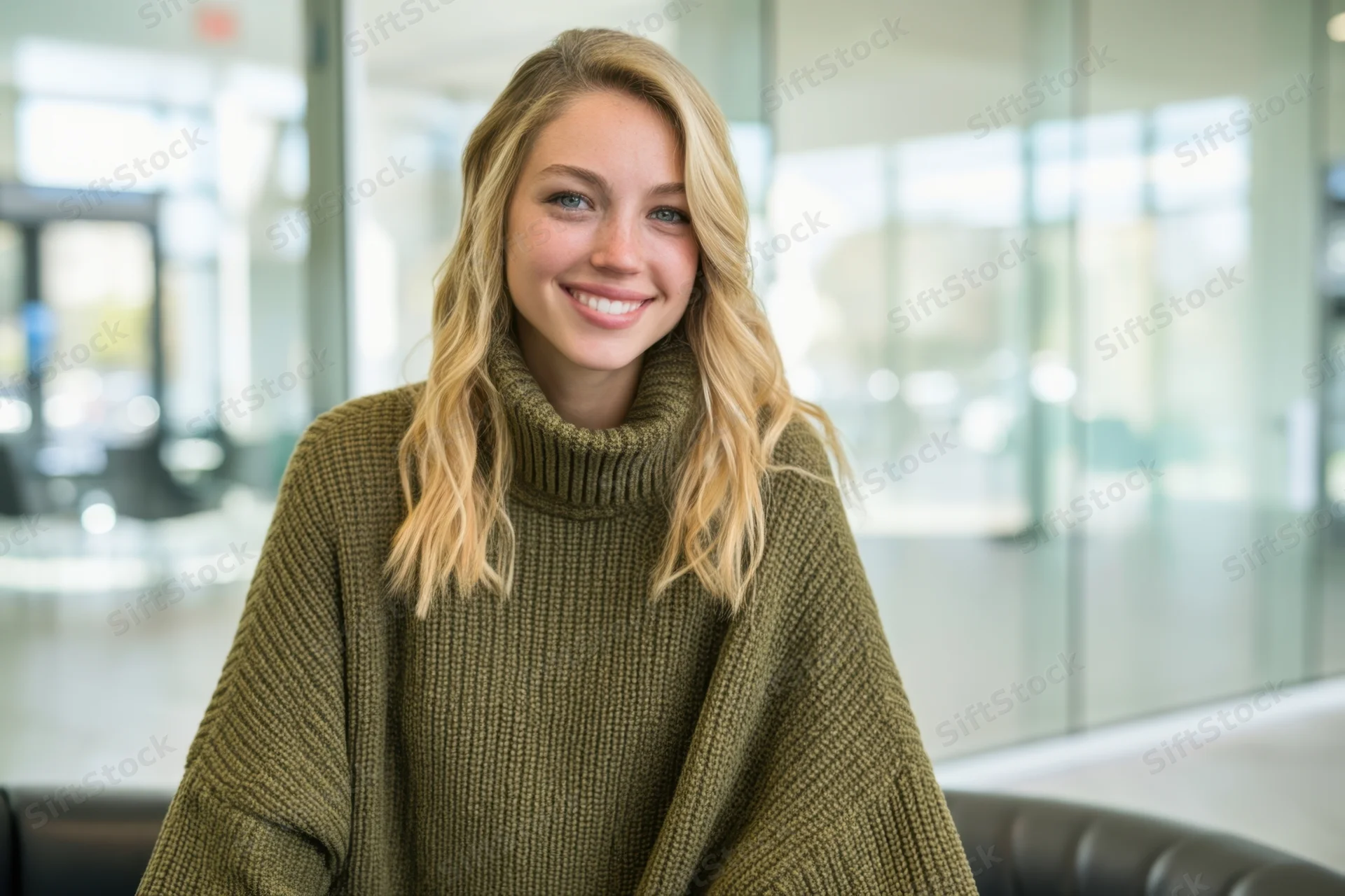 Blonde woman smiling in oversized olive-green turtleneck sweater in modern office lobby