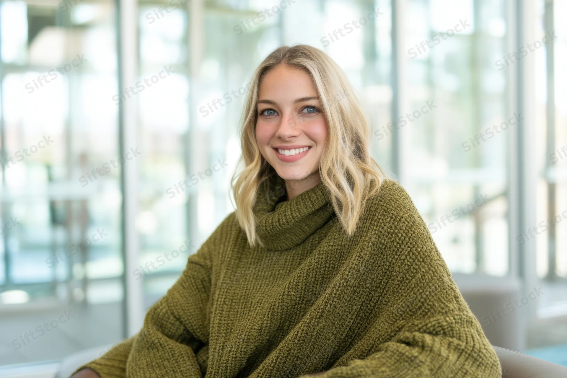 Blonde woman smiling in oversized olive-green knit turtleneck sweater indoors near glass windows