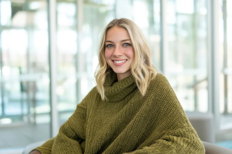 Blonde woman smiling in oversized olive-green knit turtleneck sweater indoors near glass windows