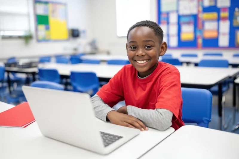 Young boy smiling at camera while using laptop at desk in classroom