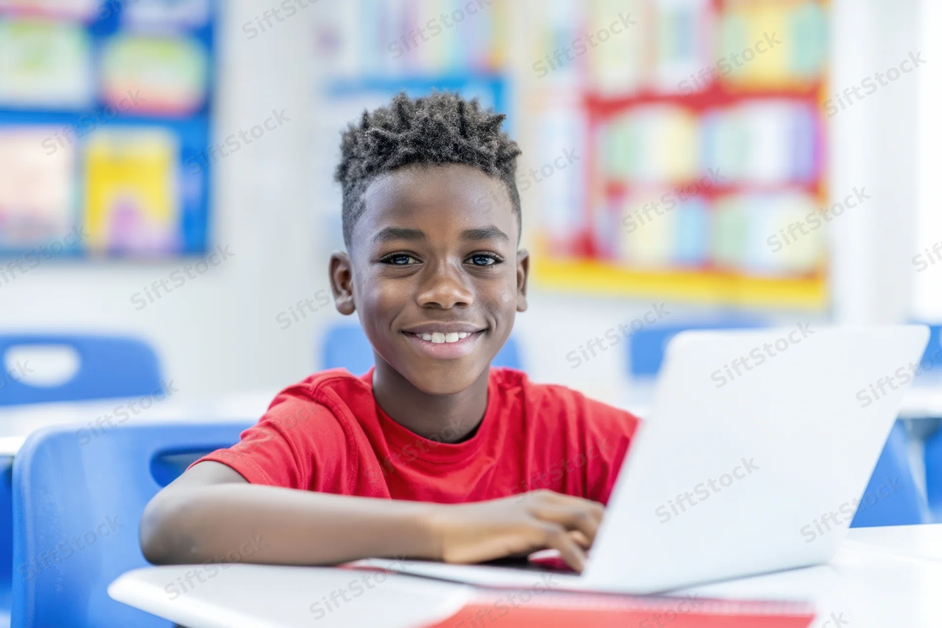 Young black boy smiling while using laptop at white desk in classroom