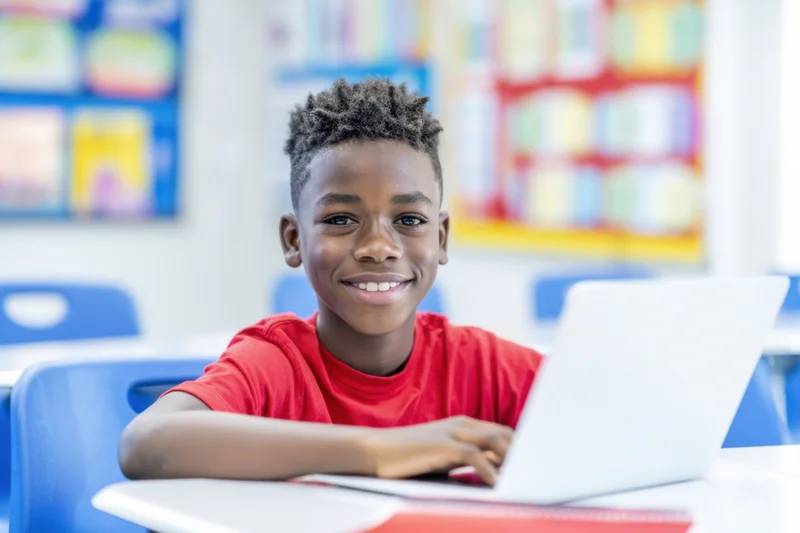 Young black boy smiling while using laptop at white desk in classroom