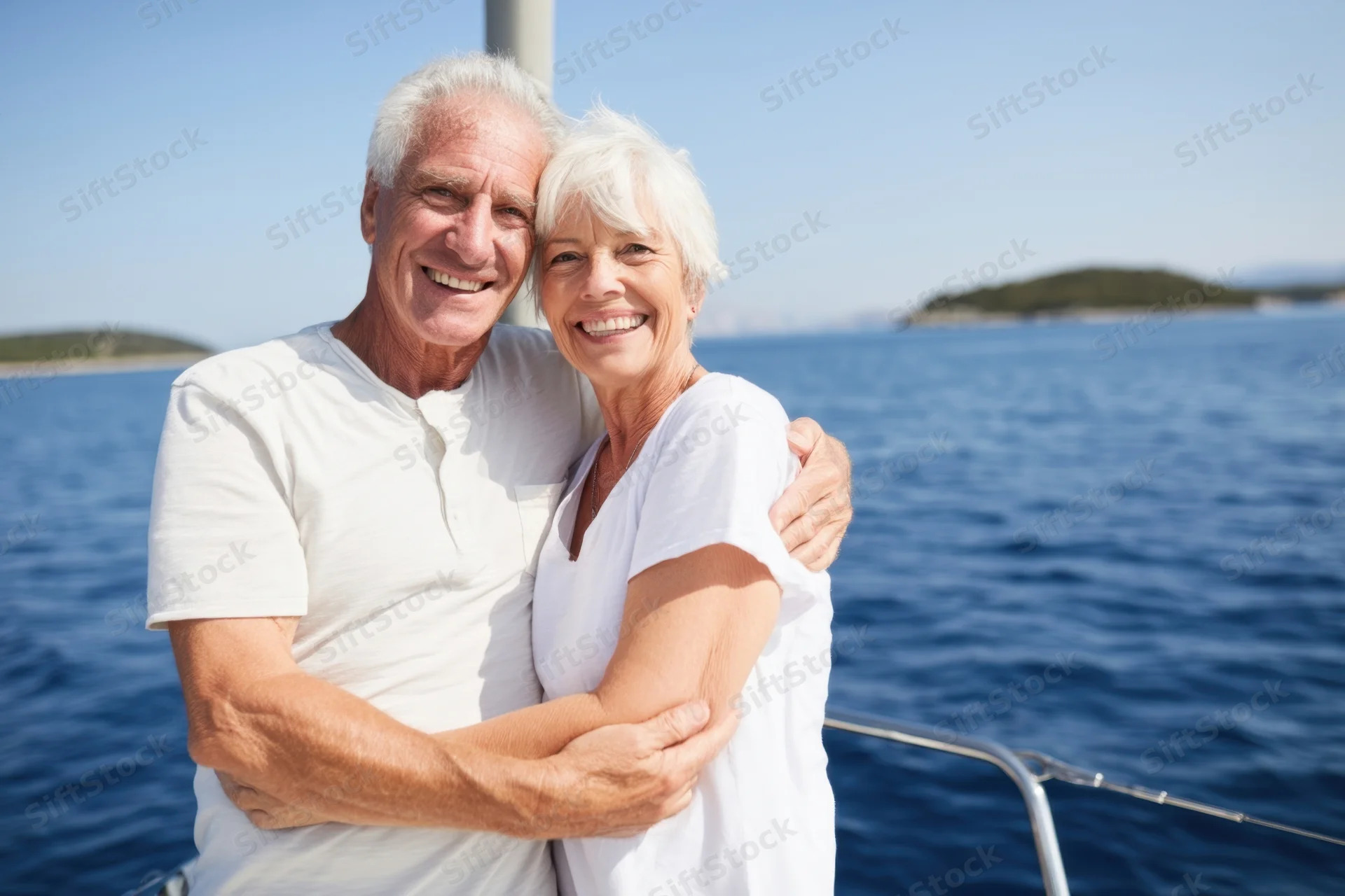 Senior couple hugging and smiling on a sailboat deck with ocean in background