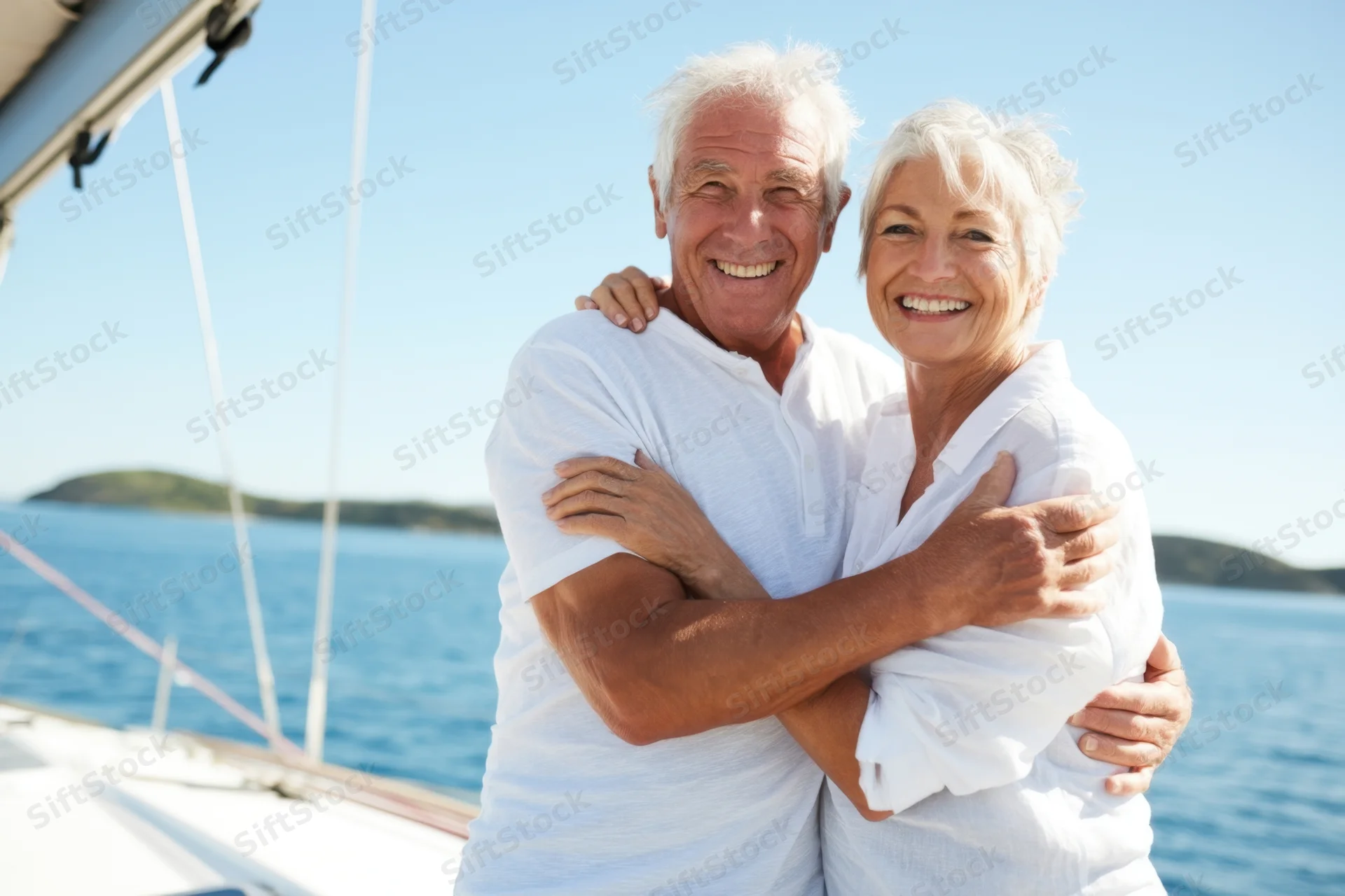 Elderly couple hugging on a sailboat deck with ocean in background