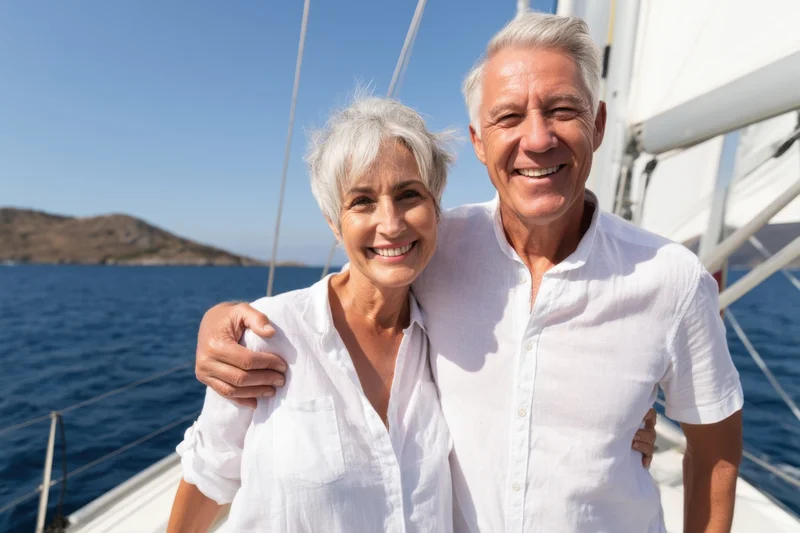 Senior couple smiling together on sailboat deck with ocean and sky in background
