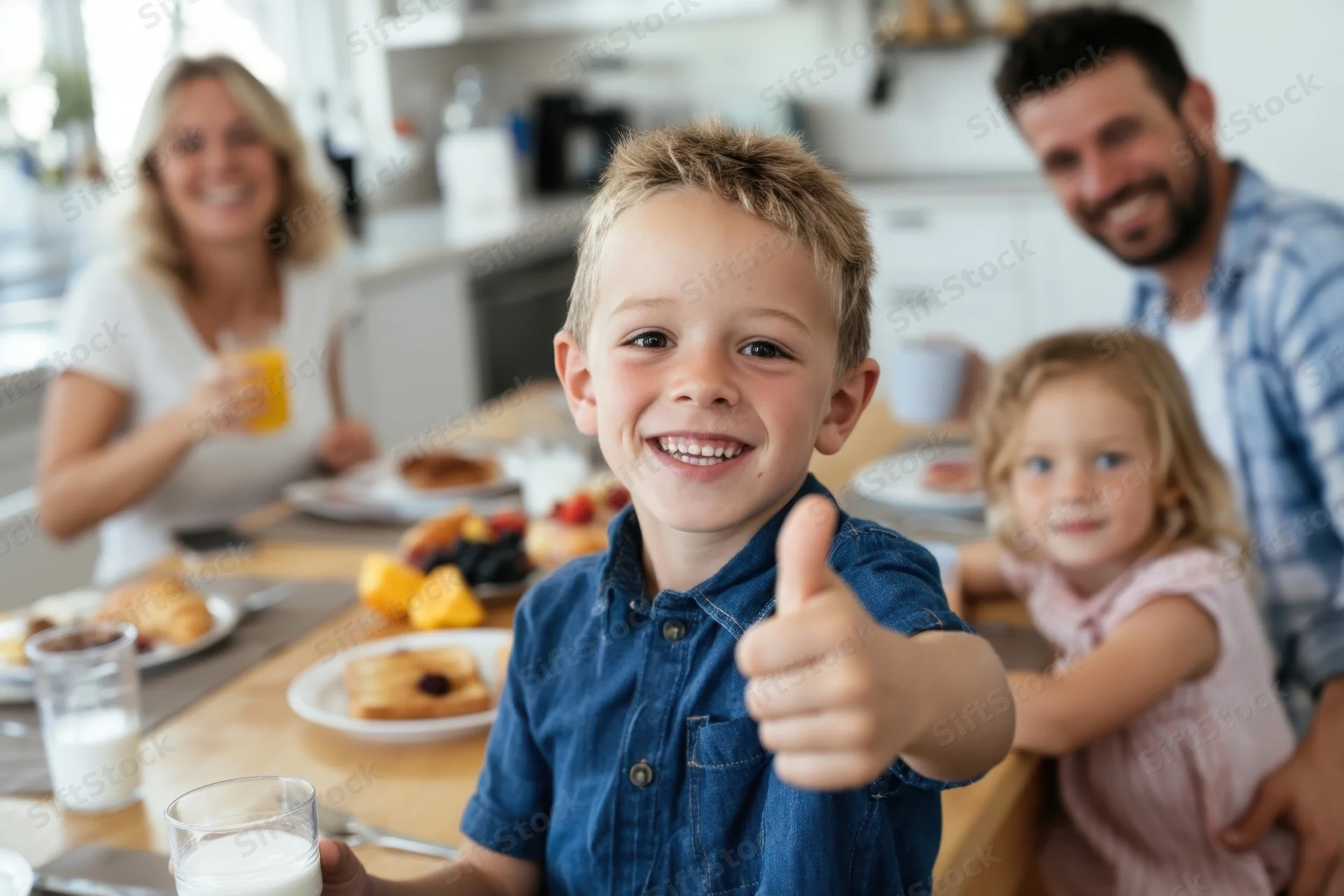 Young boy giving thumbs up at breakfast table with family in kitchen
