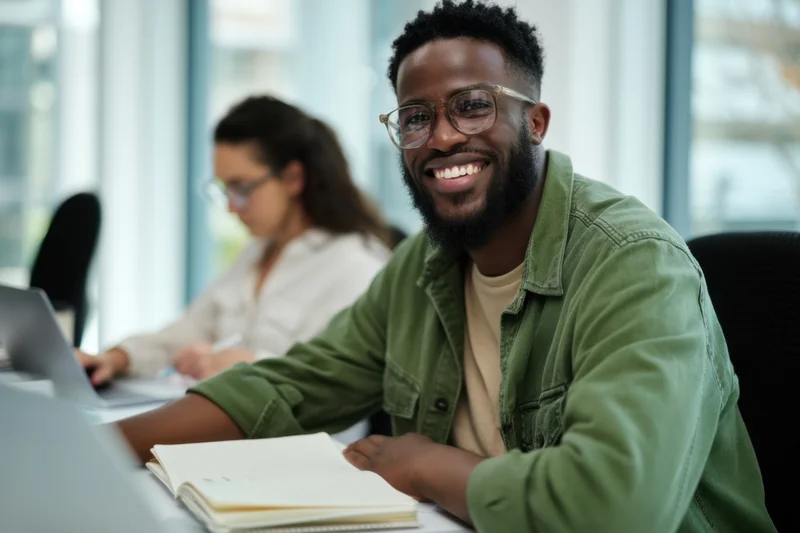 Smiling man with glasses and beard sitting at desk in office with notebook and laptop, colleague working in background