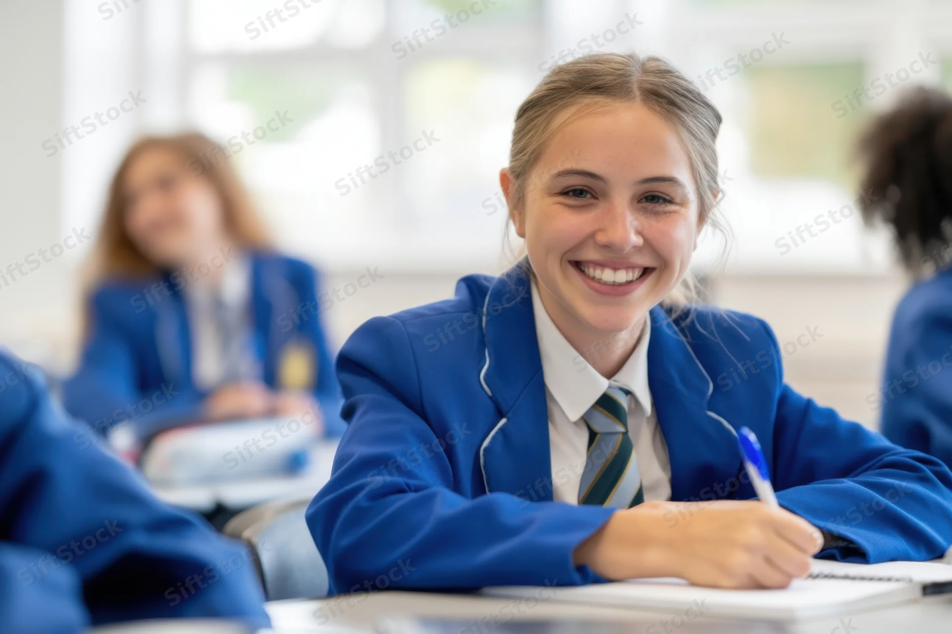 Smiling student in blue uniform writing in notebook at classroom desk