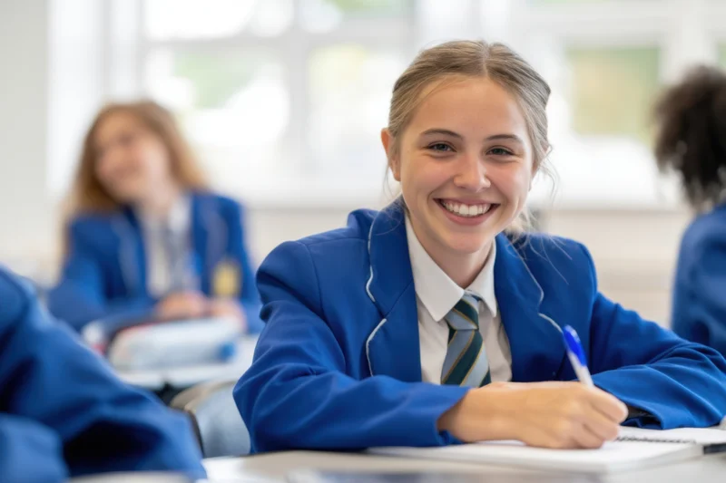 Smiling student in blue uniform writing in notebook at classroom desk
