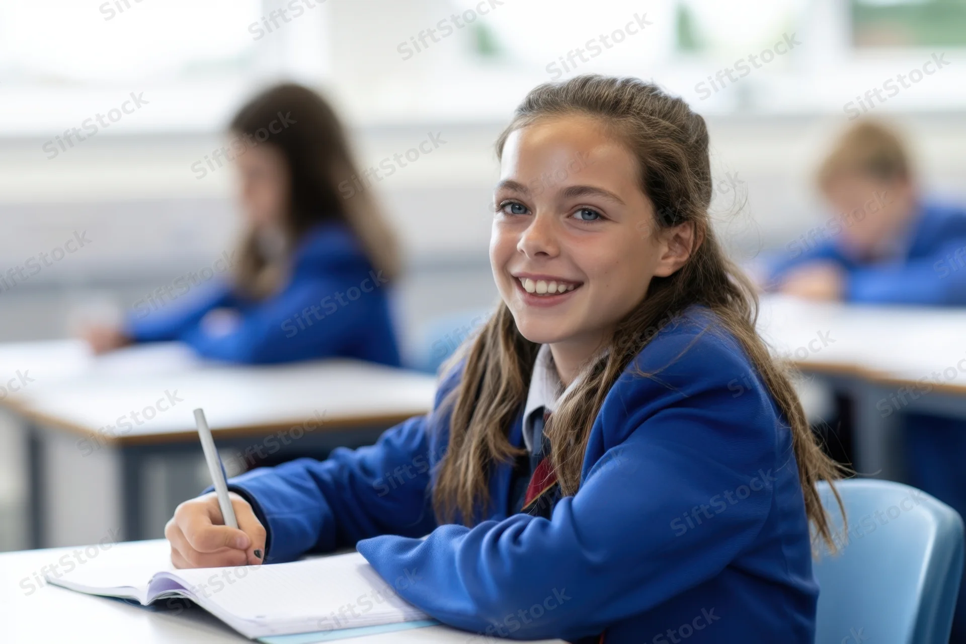 Young girl in blue school uniform smiling while writing in notebook at desk in classroom