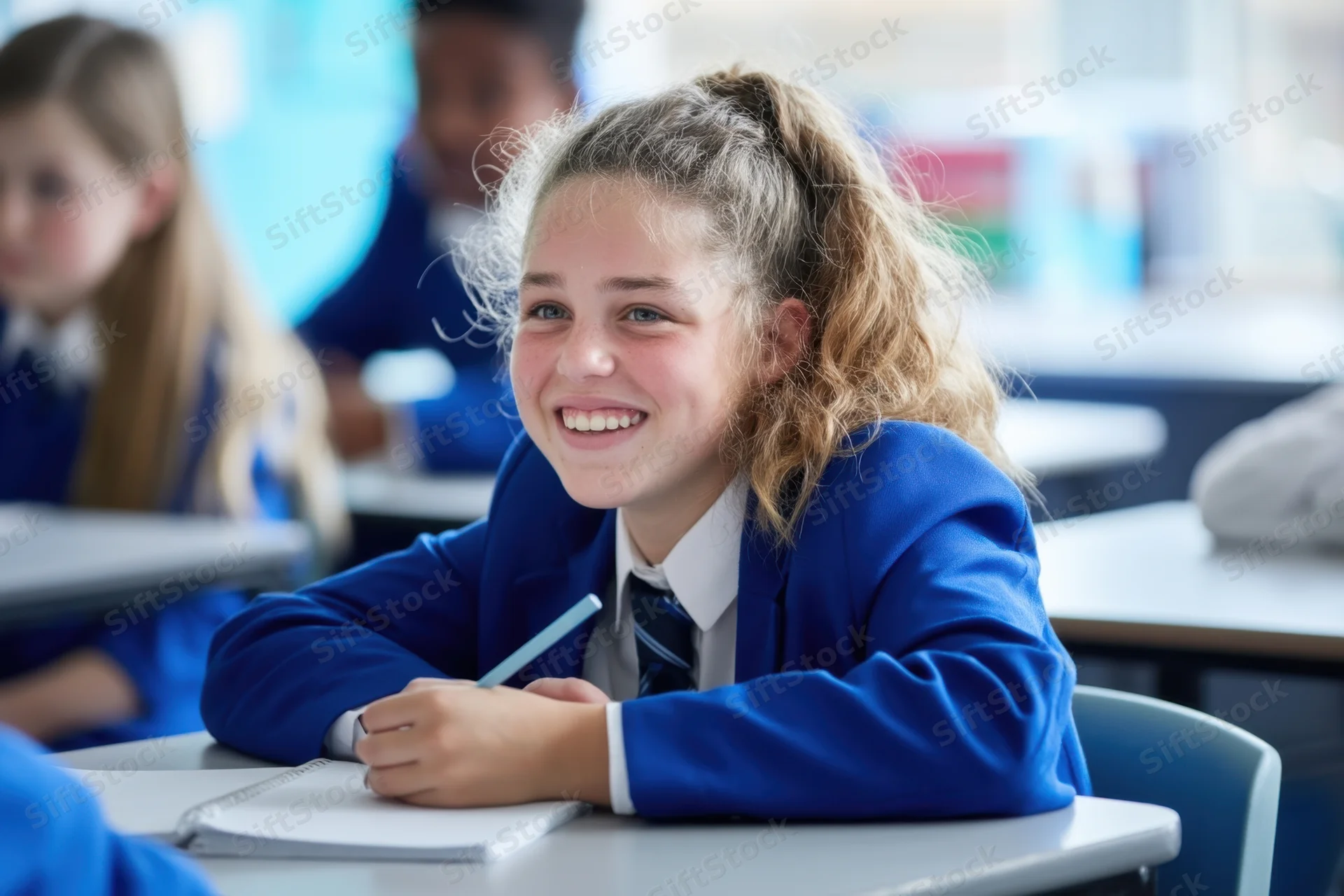 Cheerful student in blue uniform smiling while writing at desk in classroom