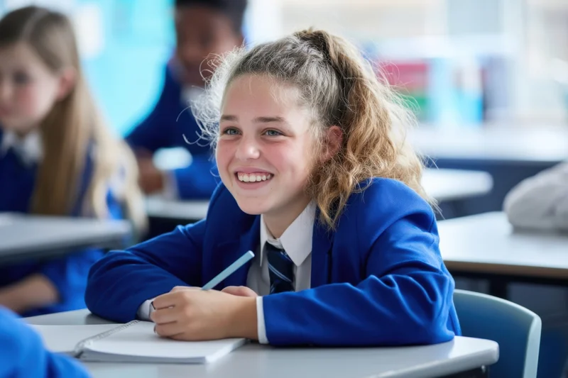 Cheerful student in blue uniform smiling while writing at desk in classroom