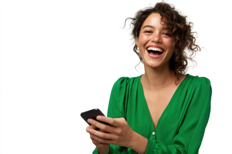Woman laughing while holding smartphone against white background
