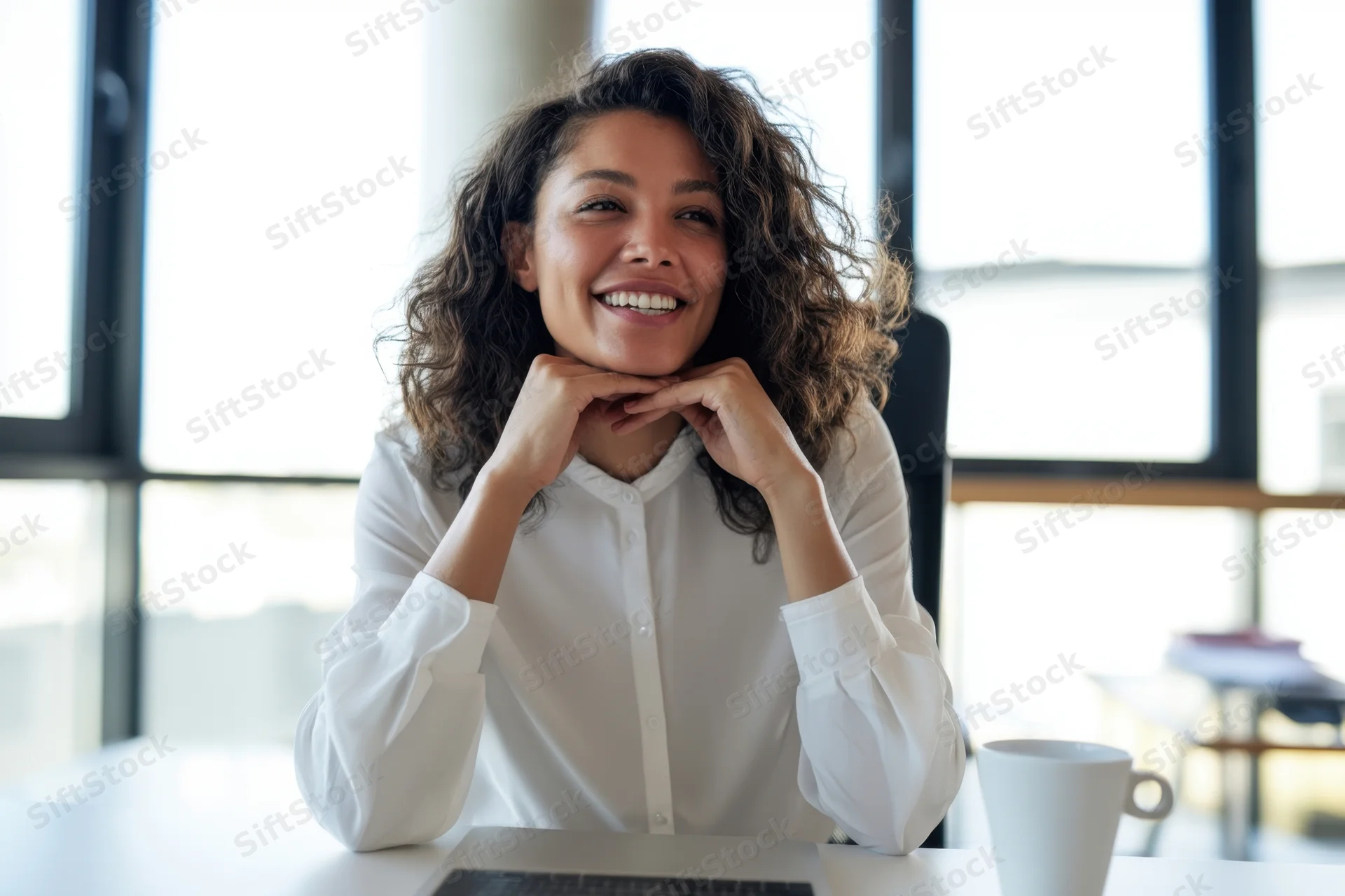 Woman smiling with hands under chin at office desk by window