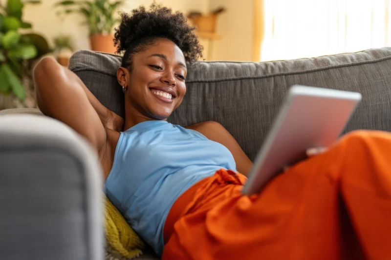 Woman smiling while lounging on gray sofa with tablet in living room