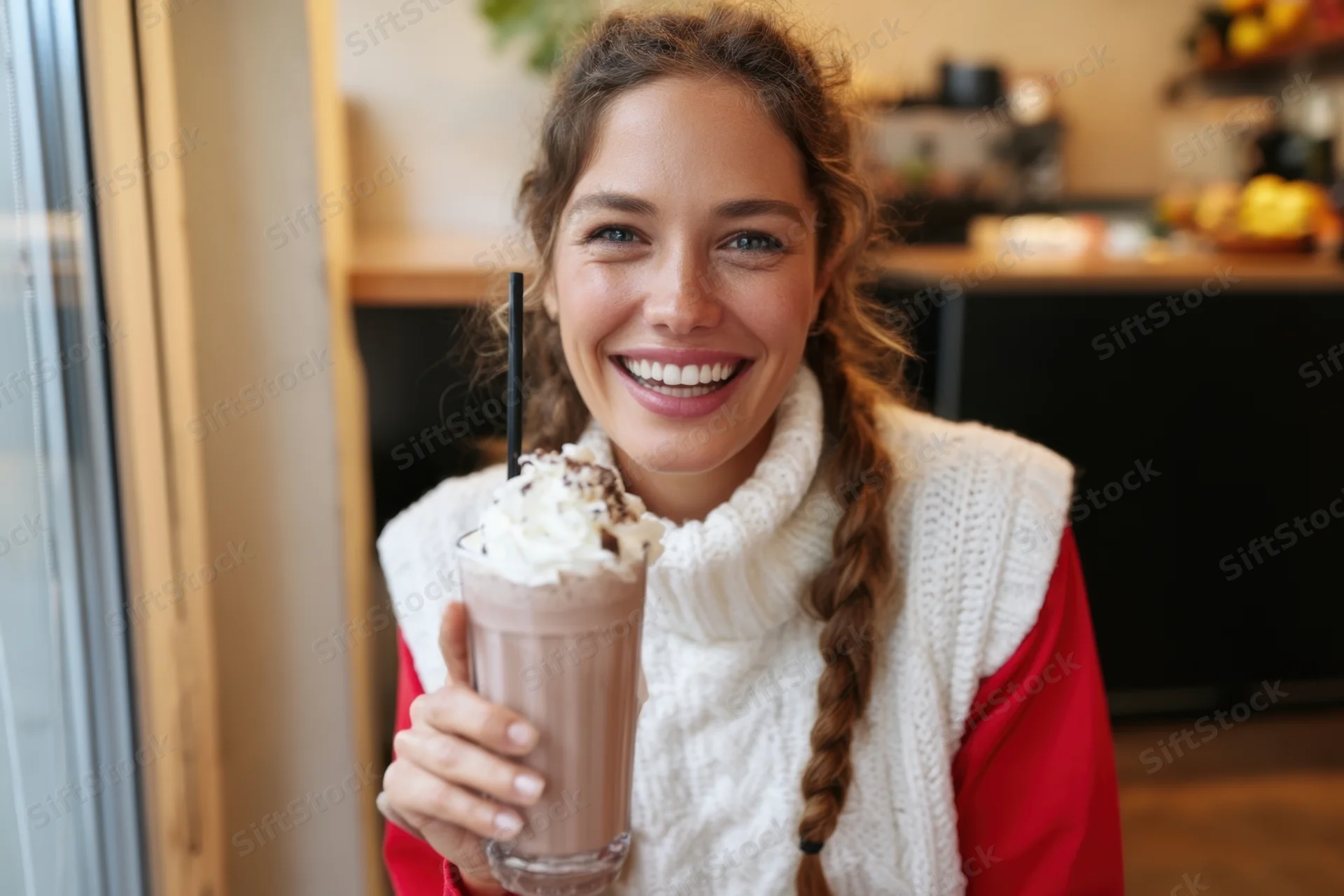 Woman smiling while holding a chocolate milkshake with whipped cream in a cozy cafe