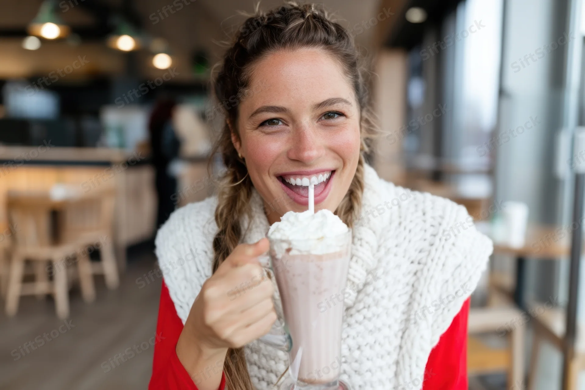 Woman smiling while holding a milkshake with whipped cream in a cafe