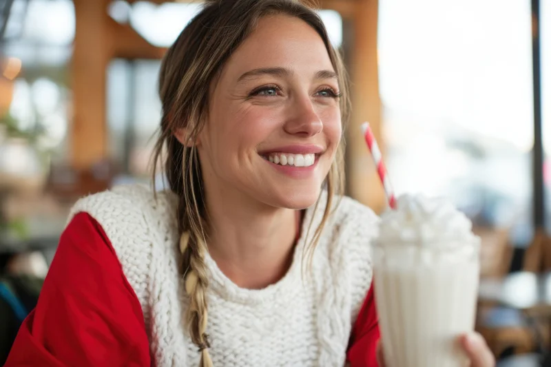 Smiling woman holding a milkshake in a cafe
