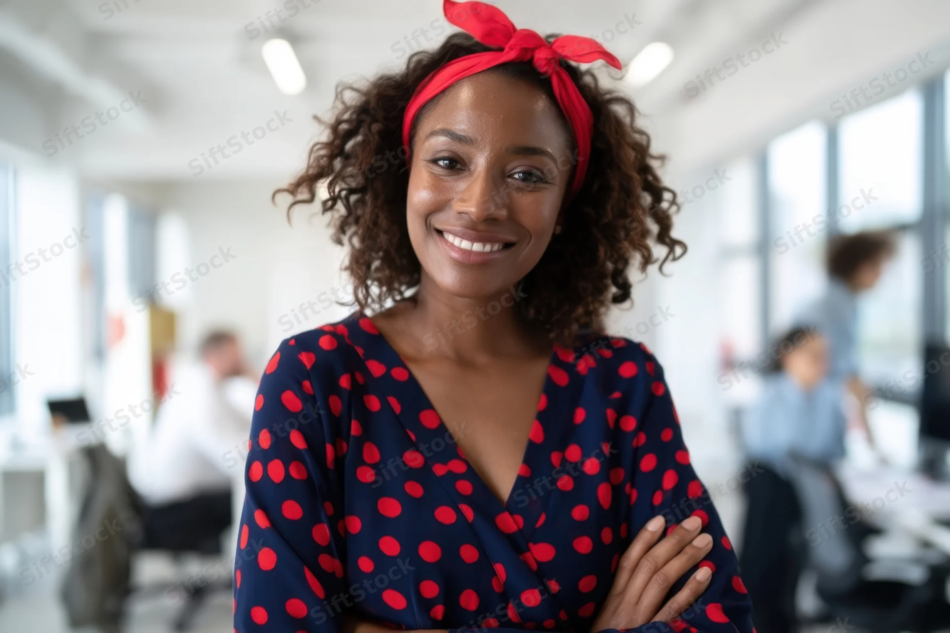 Smiling woman in navy polka-dot blouse with red headband standing in modern office with colleagues working at desks in background