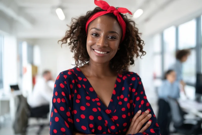 Smiling woman in navy polka-dot blouse with red headband standing in modern office with colleagues working at desks in background