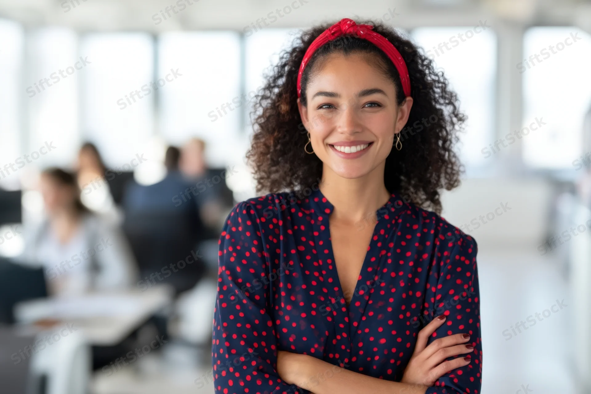Woman smiling with arms crossed in office setting
