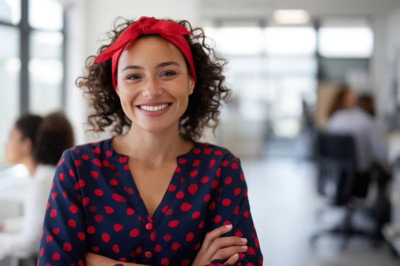 Smiling woman with curly hair and red headband in office setting