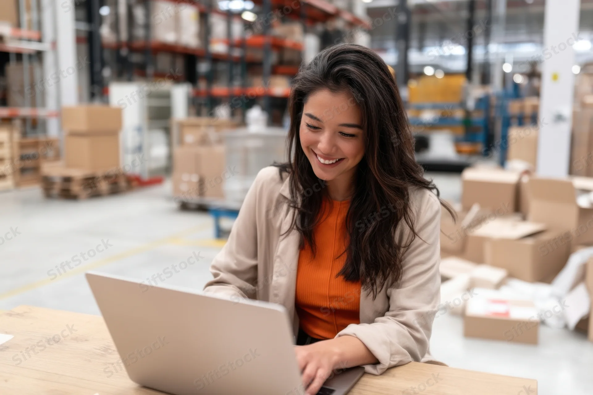 Woman smiling while using laptop at desk in warehouse