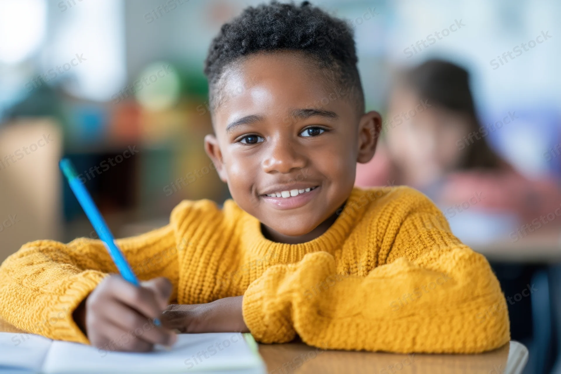 Young boy smiling while writing in notebook at classroom desk