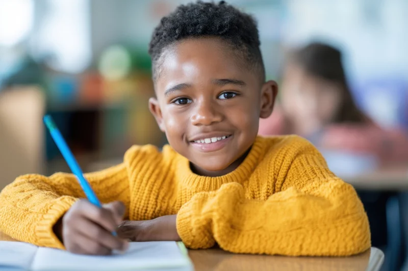 Young boy smiling while writing in notebook at classroom desk