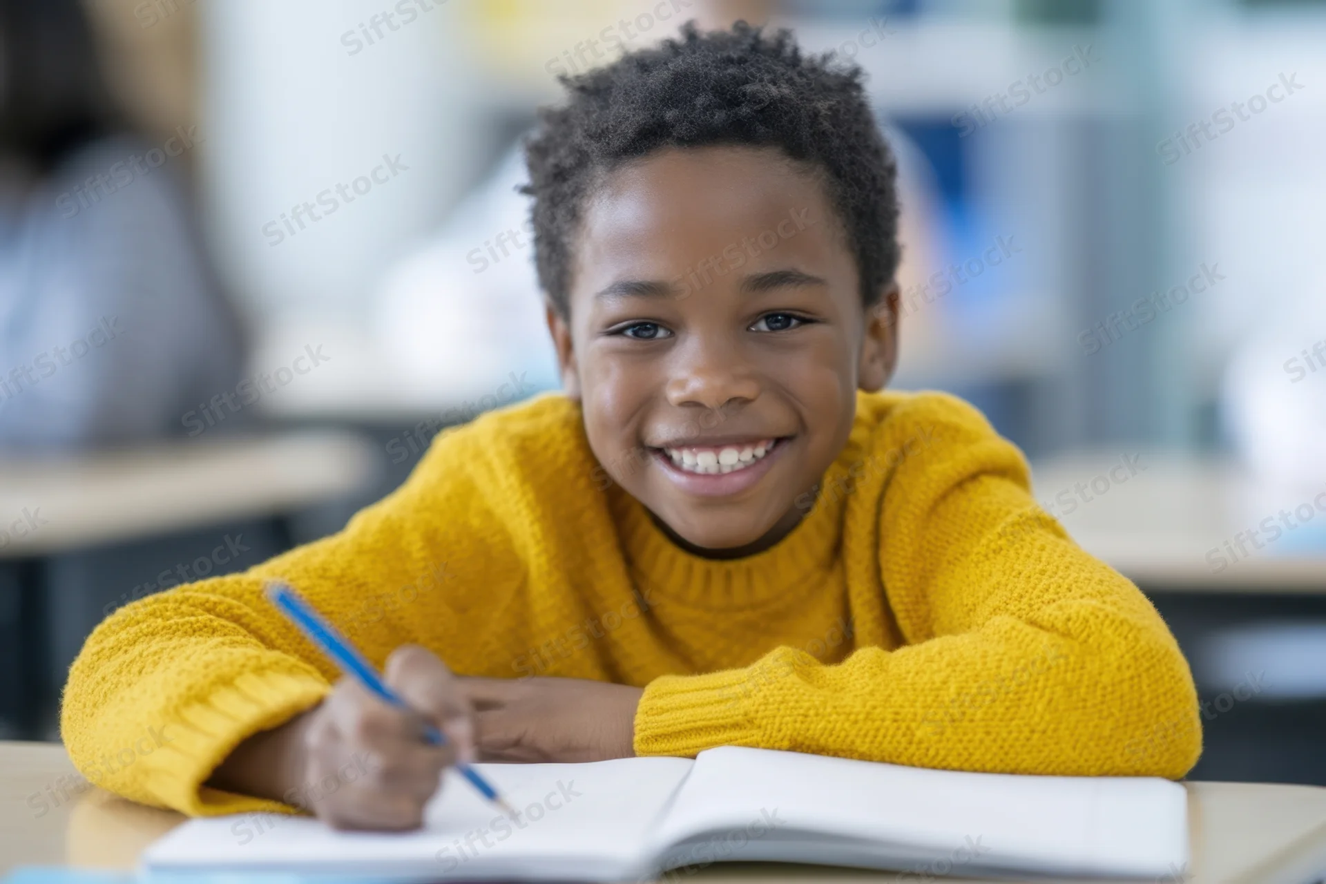 Young boy smiling while writing in a notebook at his classroom desk