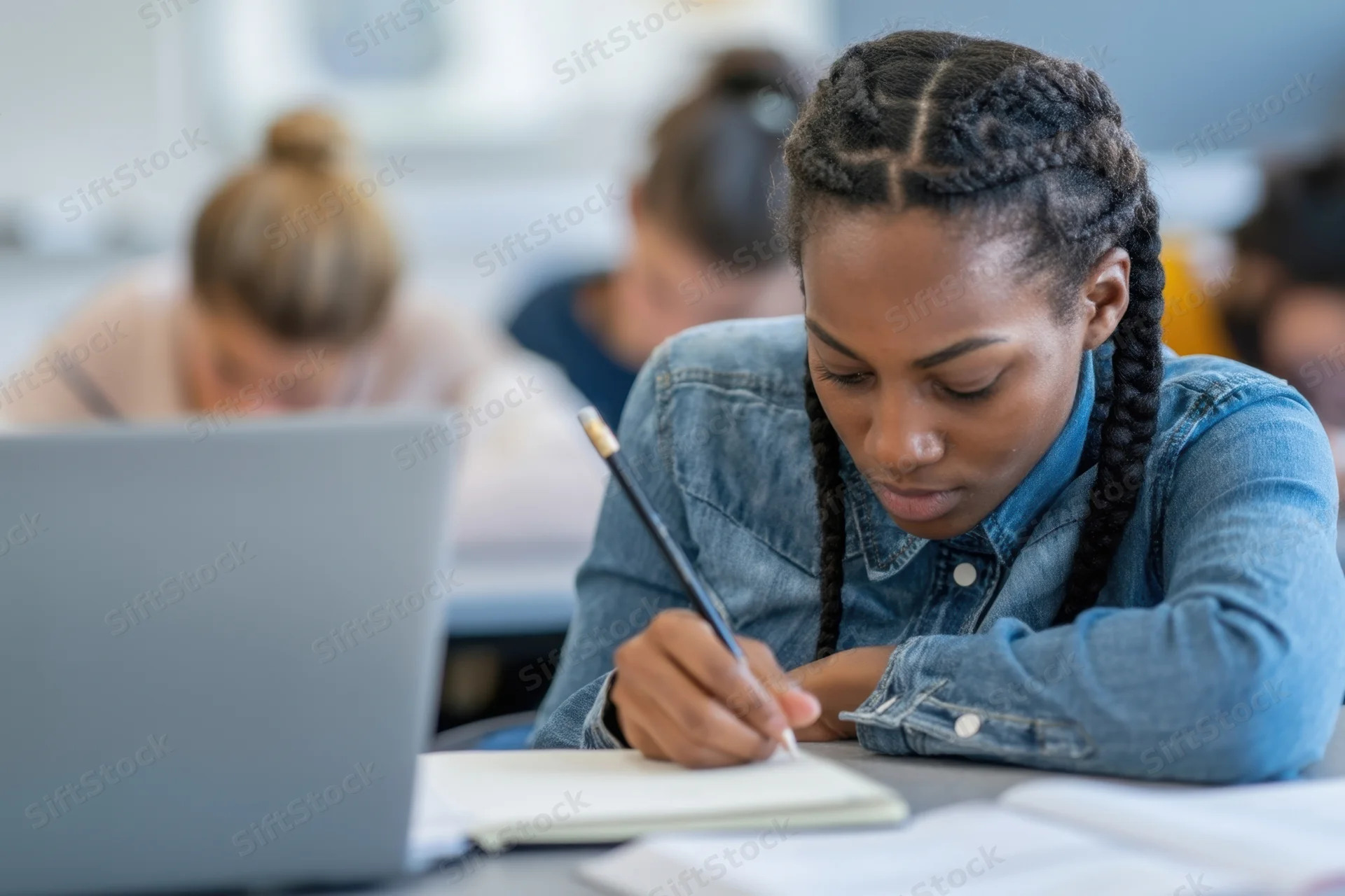 Young woman writing in notebook at desk in classroom with laptop and other students in background