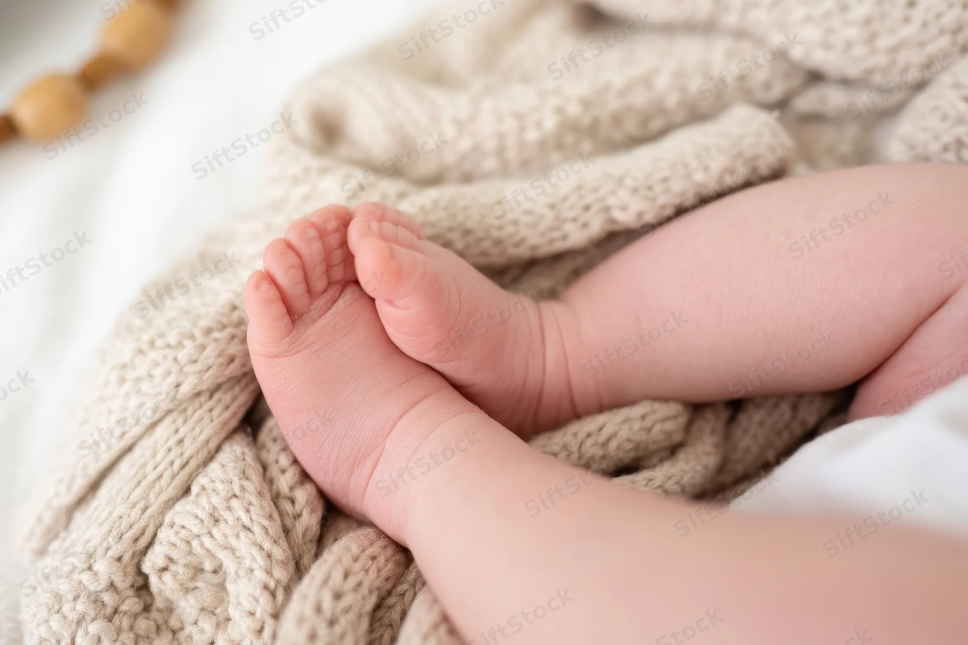 Baby feet resting on a soft beige knit blanket