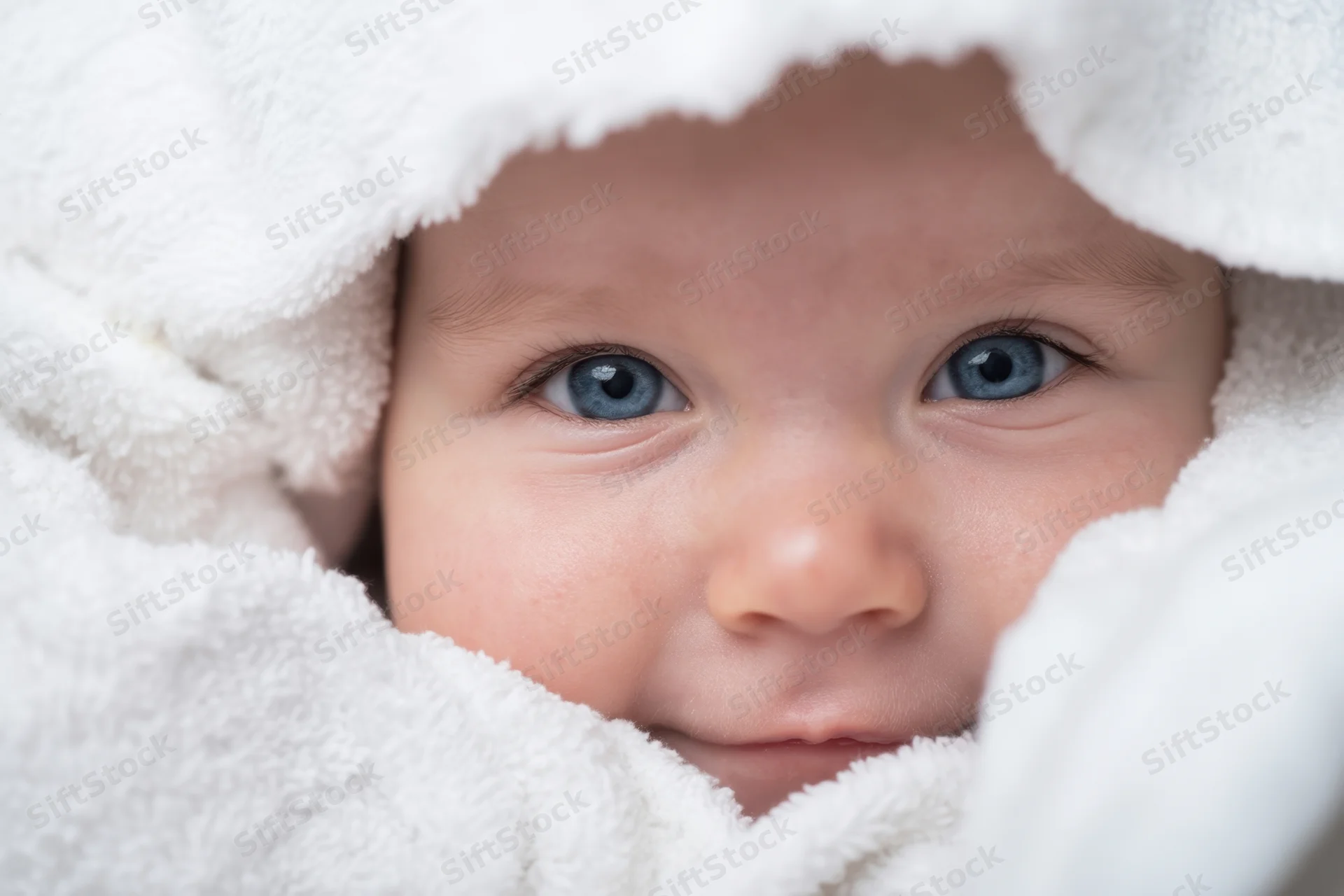 Baby peeking from white towel with bright blue eyes in close-up view