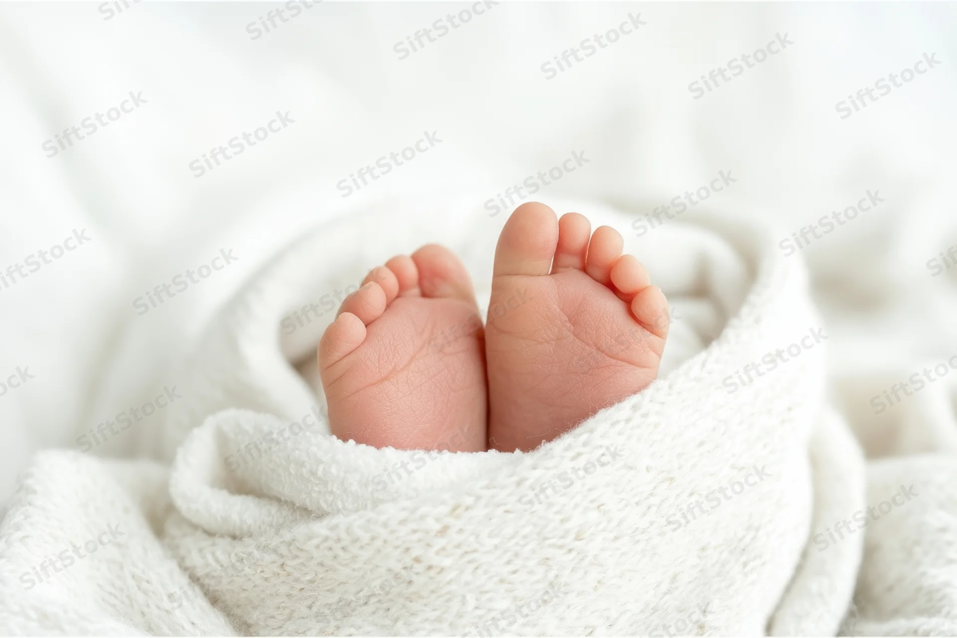 Baby's tiny feet peeking from a soft white blanket