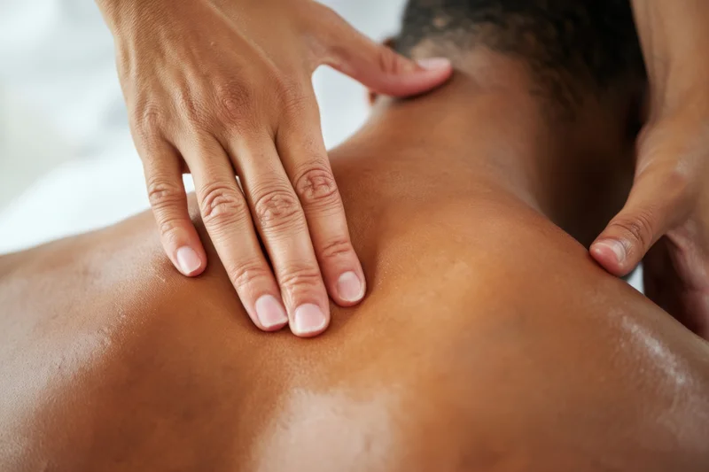 Hands massaging a man's back with oil in a therapy session