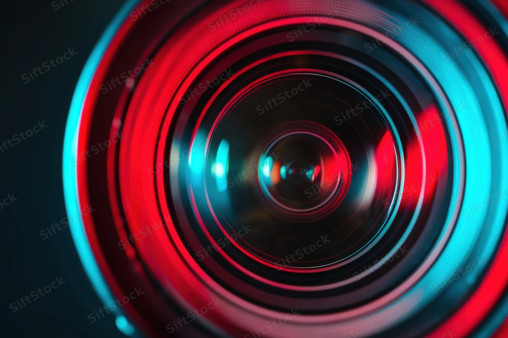 Close-up of a camera lens with red and blue neon reflections on a dark background