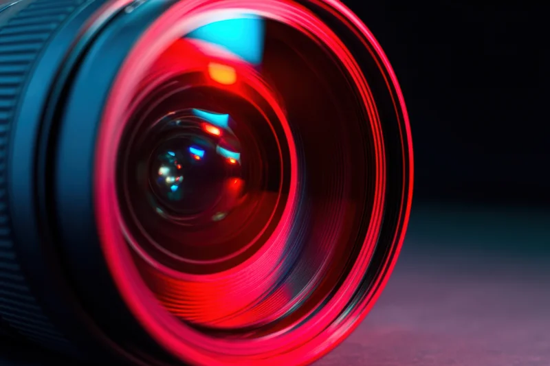 Close-up of a camera lens with neon red and blue light reflections on a dark background
