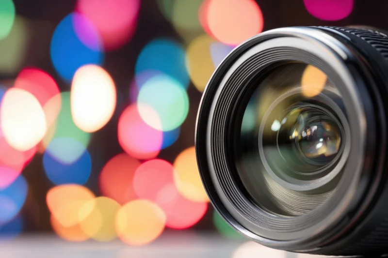 Close-up of a camera lens with colorful bokeh lights in the background