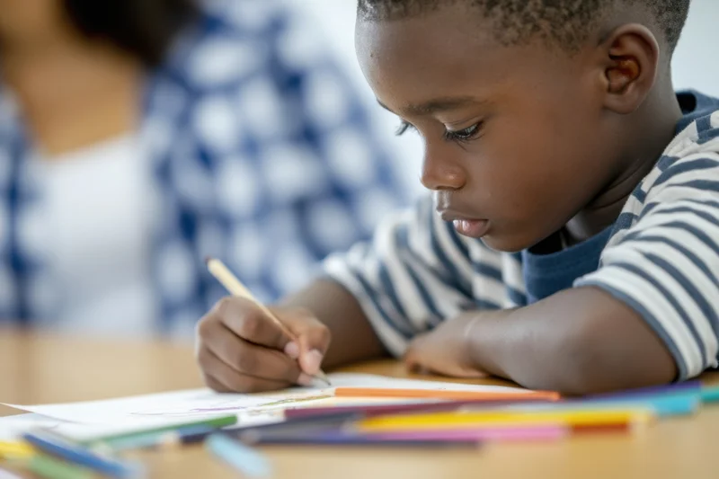 Young african boy drawing with a pencil on paper at a wooden desk in a classroom setting