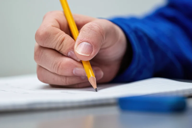 Hand holding yellow pencil writing on lined notebook paper