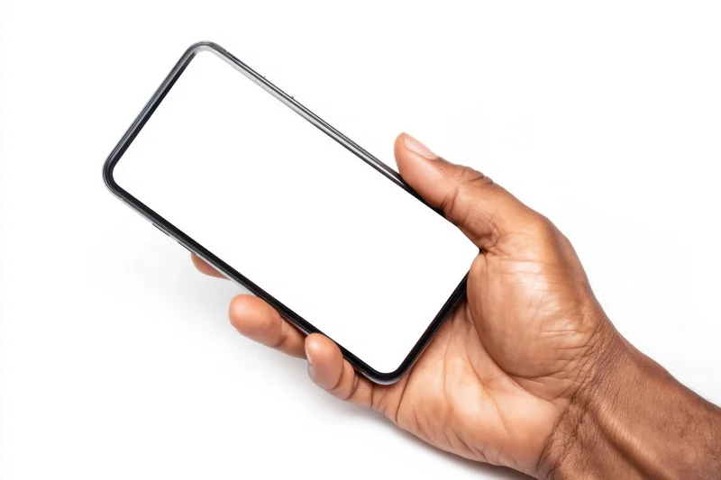 Hand holding a modern smartphone with blank screen against white background
