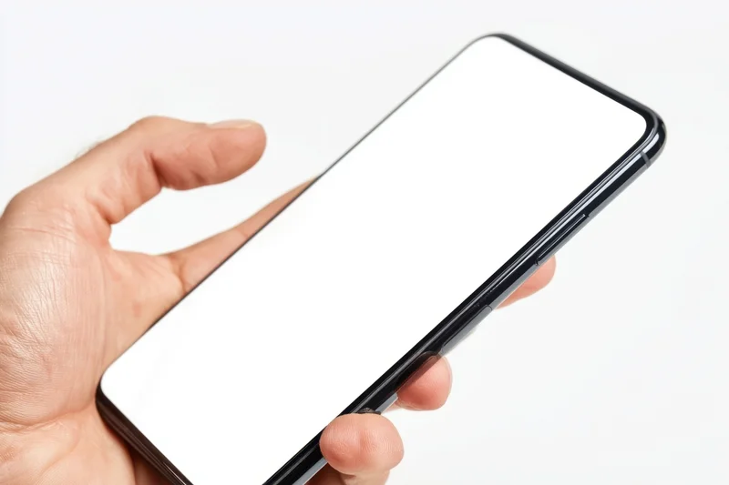 Hand holding a modern smartphone with blank white screen against white background