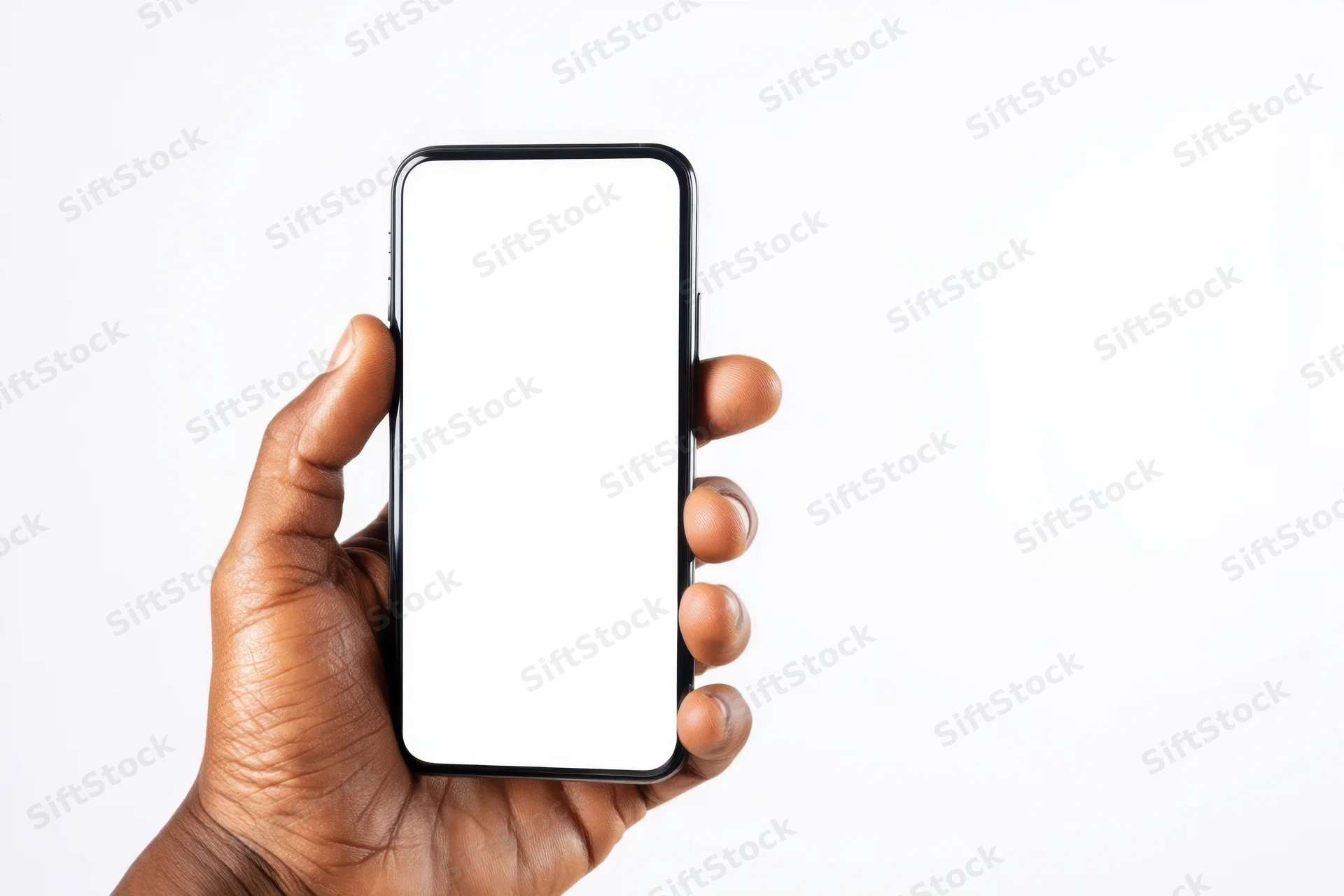 Hand holding a modern smartphone with blank screen against white background