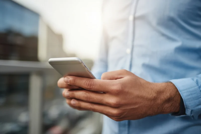 Man holding smartphone in hands outdoors in city setting