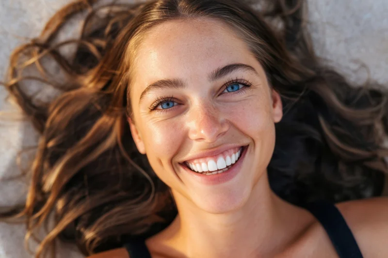 Young woman smiling with long brown hair lying on sand in sunlight