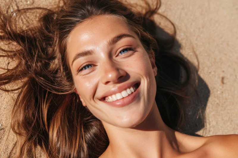 Young woman smiling with long brown hair lying on sand at beach