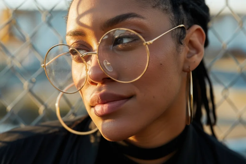 Close-up portrait of a woman with gold round sunglasses and hoop earrings, standing by a chainlink fence in warm sunlight